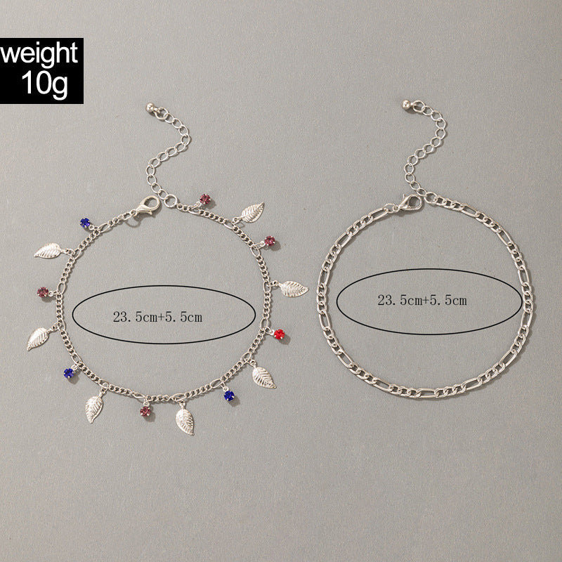 Simple And Fashionable Color Rhinestone Hit Color Tassel Leaf Pendant Anklet 2-piece Set