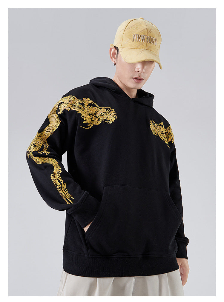 Retro Over-shoulder Dragon Embroidered Hoodie Boys