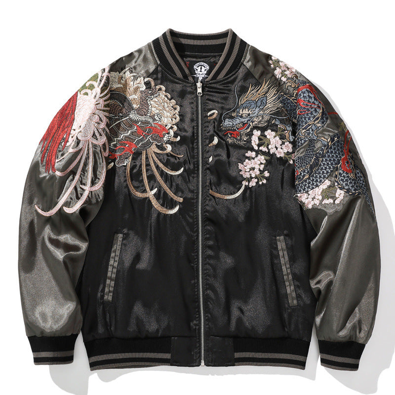 Men's Green Dragon Embroidered Baseball Jacket