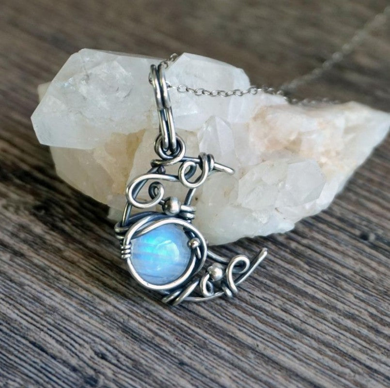 Simian Moonstone Necklace Wire Cutout Moon Pendant