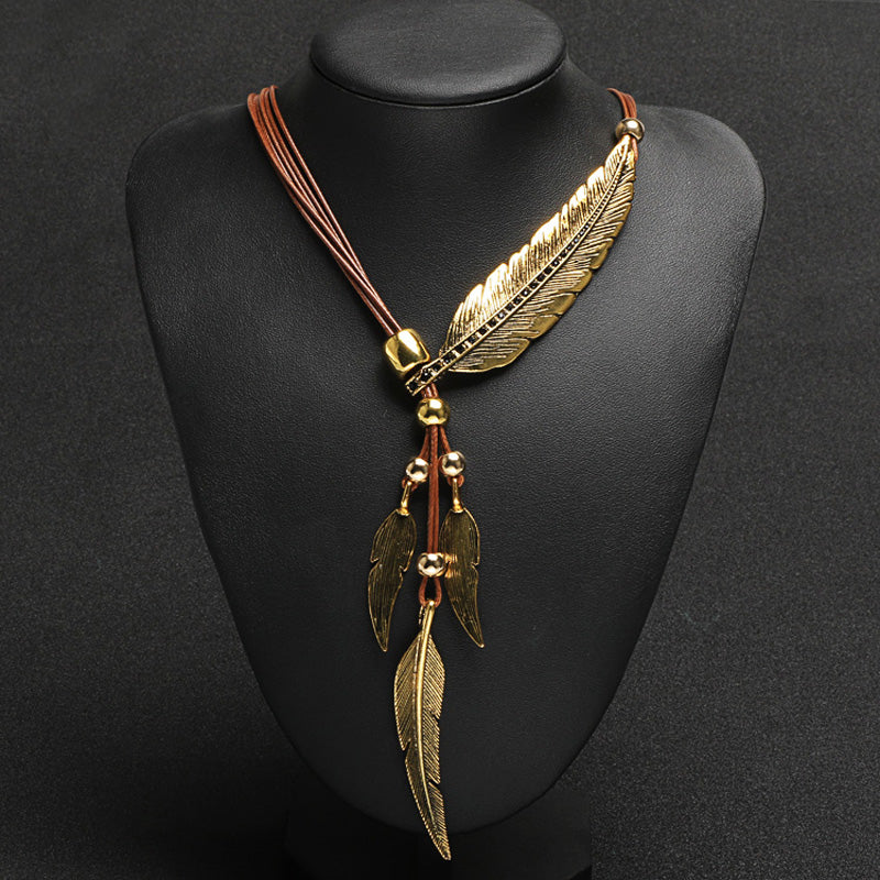 Women's Feather Leaves With Diamonds Black Leather Cord Multi-layer Tassel Necklace