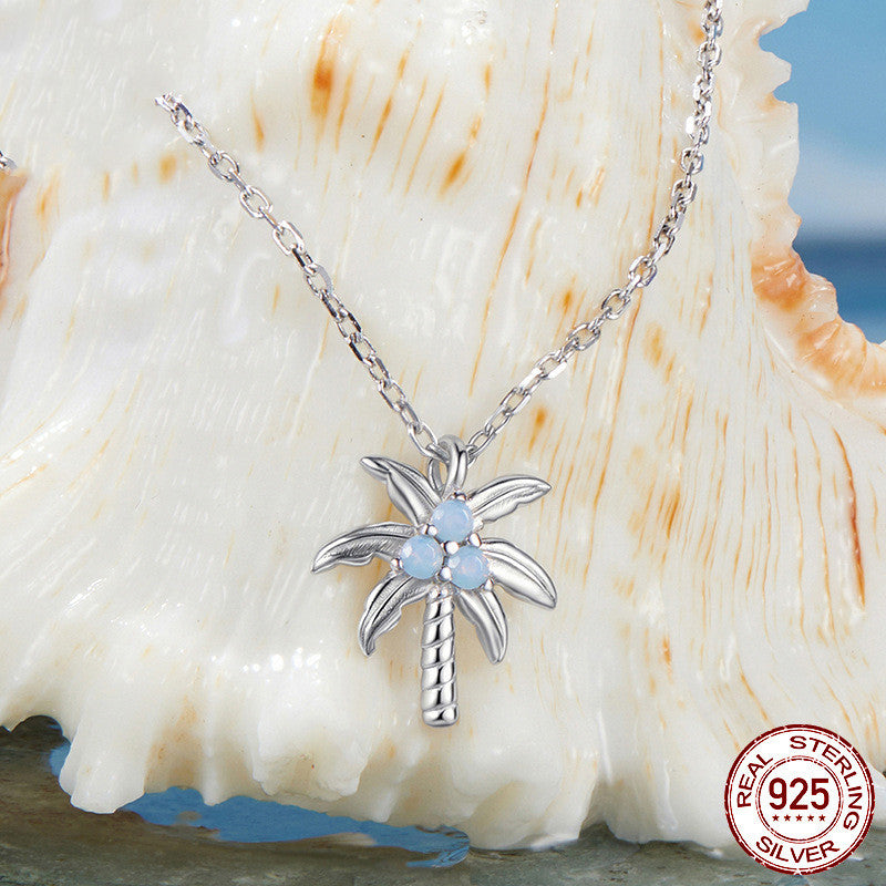 925 Sterling Silver White Gold Plated New Coconut Tree Necklace Opal Necklace
