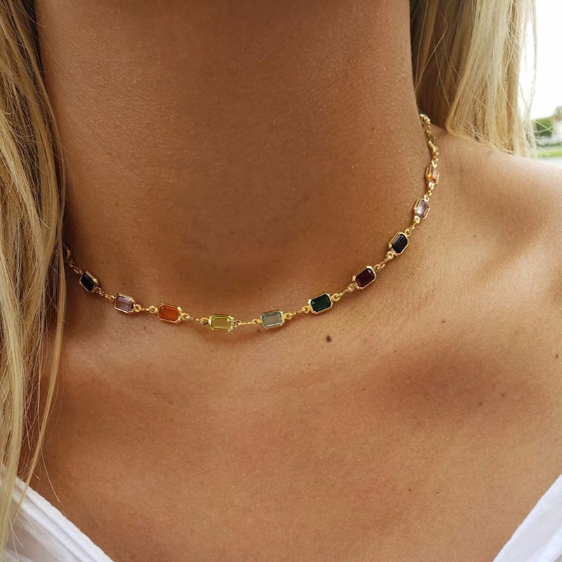 Colorful Gemstone Necklace Simple And Versatile Square Shape