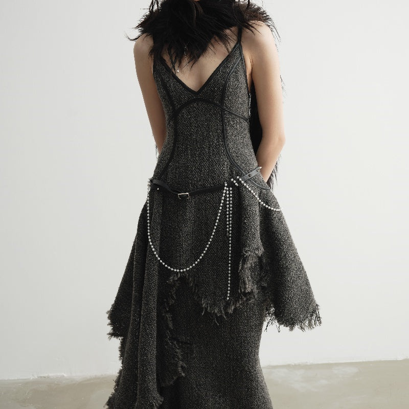 Hand-damaged Burrs Tassels Sling Irregular Dress