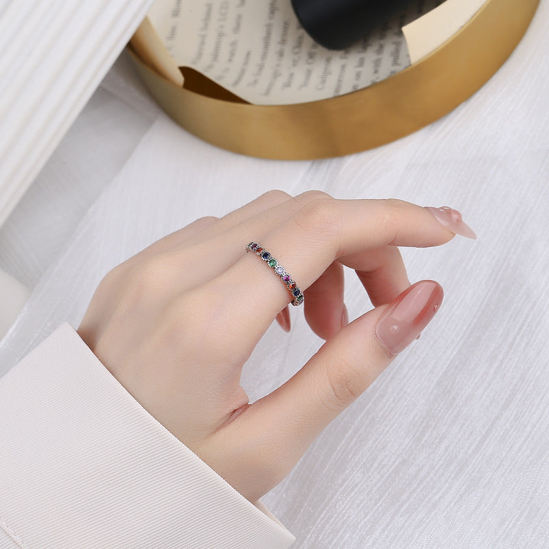 S925 Silver Colorful Zircon Ring Women's Retro Fashion Bright Color Contrast Flowers