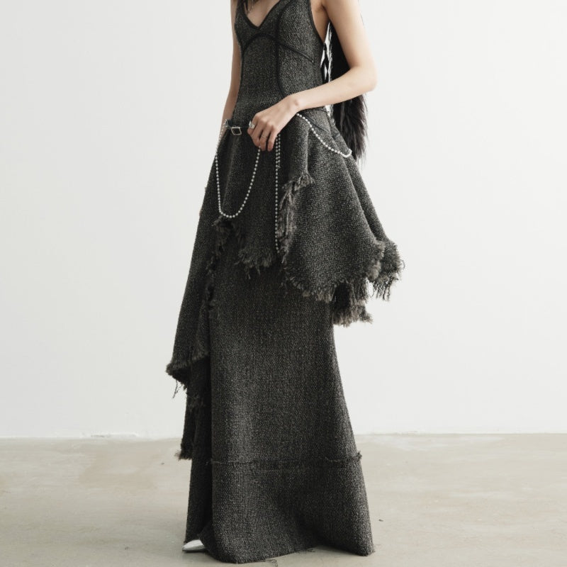 Hand-damaged Burrs Tassels Sling Irregular Dress