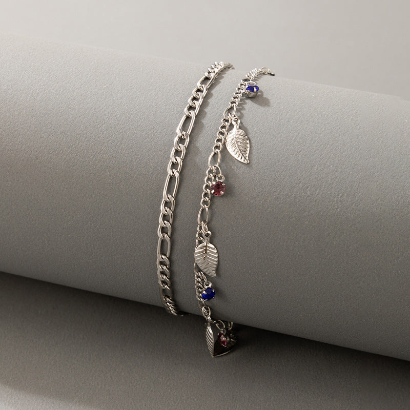 Simple And Fashionable Color Rhinestone Hit Color Tassel Leaf Pendant Anklet 2-piece Set