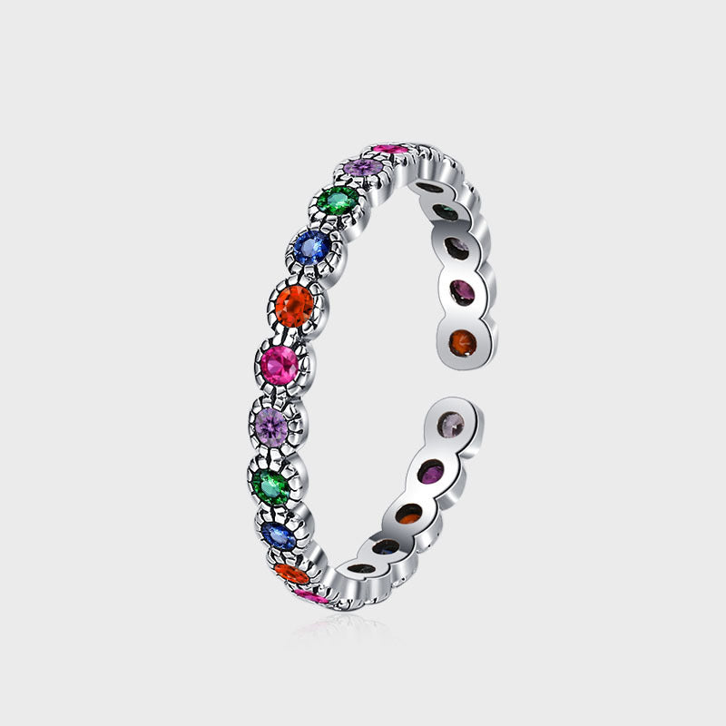 S925 Silver Colorful Zircon Ring Women's Retro Fashion Bright Color Contrast Flowers