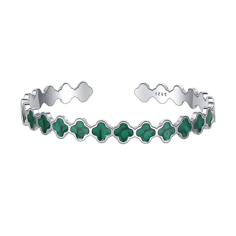 S925 Sterling Silver Four Leaf Flower Quicksand Enamel Female Adjustable Fashionable Drop Glaze Avocado Color Bracelet