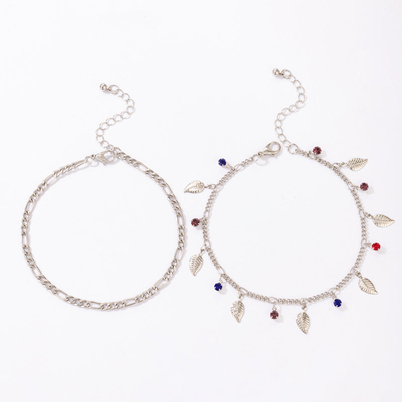 Simple And Fashionable Color Rhinestone Hit Color Tassel Leaf Pendant Anklet 2-piece Set