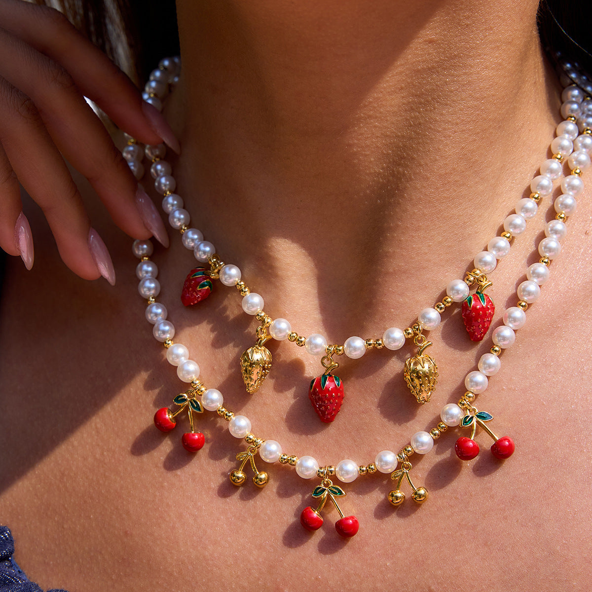 Romantic 18K Gold Stainless Steel Pearl-drip Cherry Pendant Stainless Steel Necklace