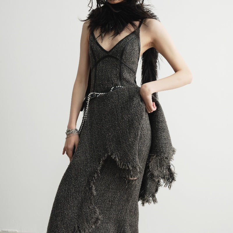 Hand-damaged Burrs Tassels Sling Irregular Dress