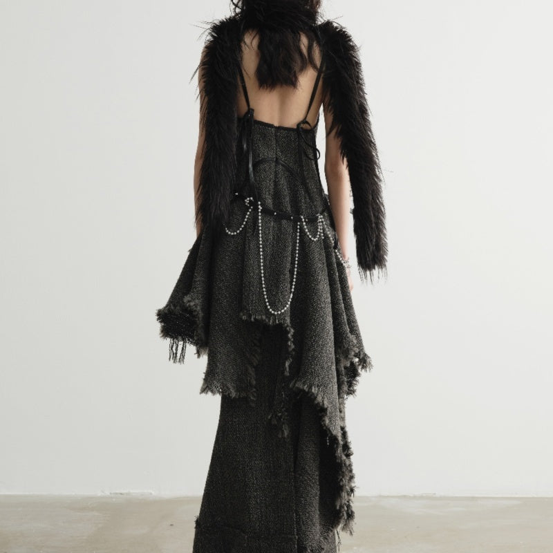Hand-damaged Burrs Tassels Sling Irregular Dress