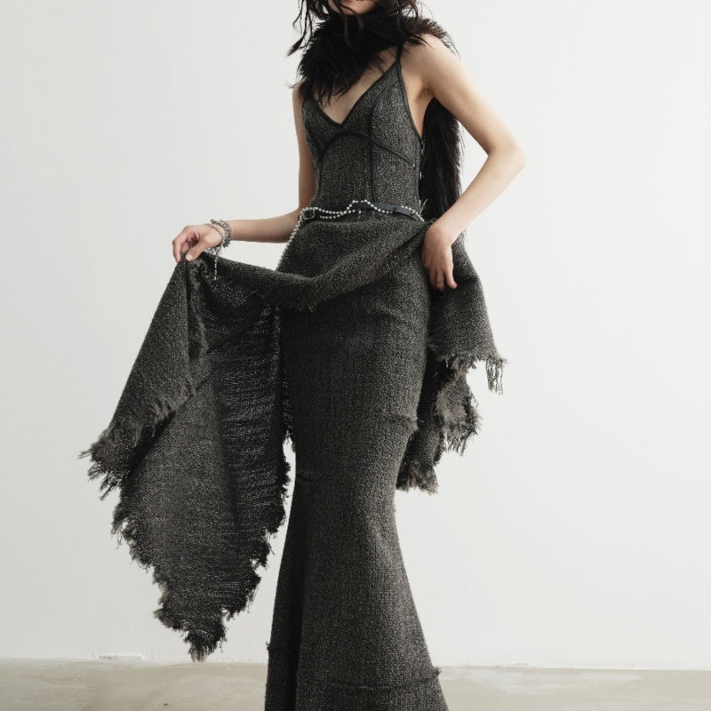 Hand-damaged Burrs Tassels Sling Irregular Dress