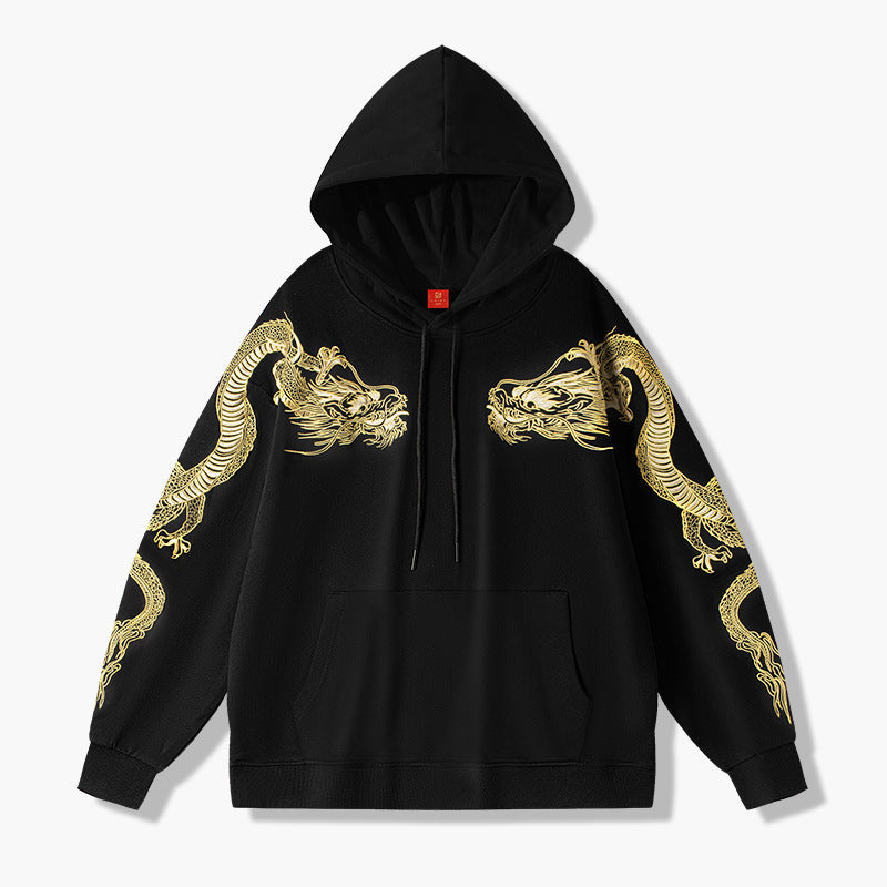 Retro Over-shoulder Dragon Embroidered Hoodie Boys