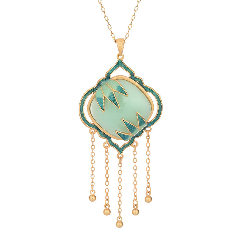 Chinese Style Enamel Painted Bamboo Leaf Square Pendant Necklace
