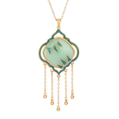 Chinese Style Enamel Painted Bamboo Leaf Square Pendant Necklace