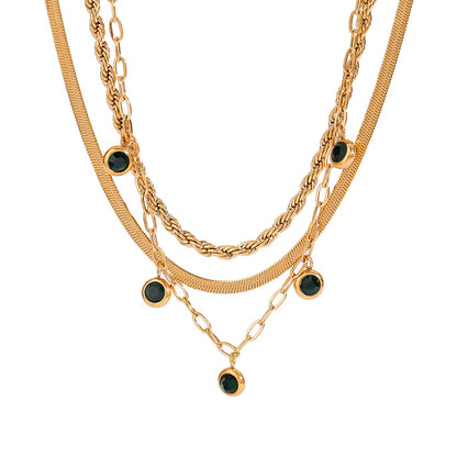 Stainless Steel Green Rhinestone Multi-layer Twin Necklace