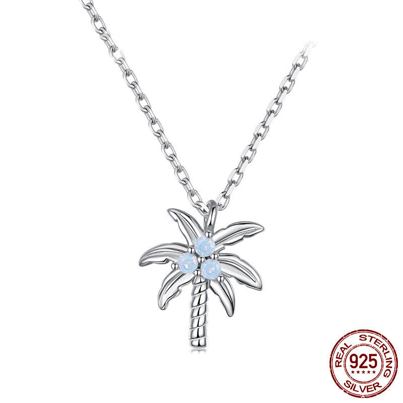 925 Sterling Silver White Gold Plated New Coconut Tree Necklace Opal Necklace