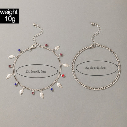 Simple And Fashionable Color Rhinestone Hit Color Tassel Leaf Pendant Anklet 2-piece Set