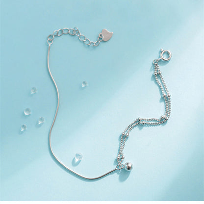 Pure Silver Full-body Minimalist Style Asymmetrical Double Layer Bracelet With Transfer Beads