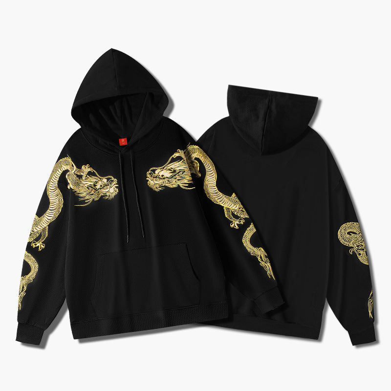 Retro Over-shoulder Dragon Embroidered Hoodie Boys