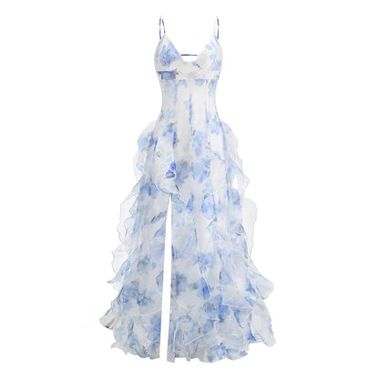 Elegant Off-Shoulder Flowy Chiffon Maxi Dress With Floral Print