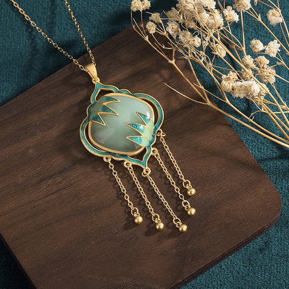 Chinese Style Enamel Painted Bamboo Leaf Square Pendant Necklace