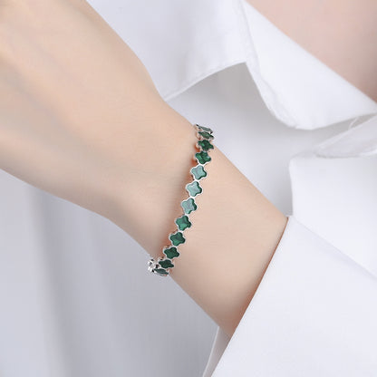 S925 Sterling Silver Four Leaf Flower Quicksand Enamel Female Adjustable Fashionable Drop Glaze Avocado Color Bracelet