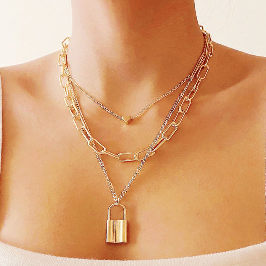 Double-layer Golden Lock Heart Necklace