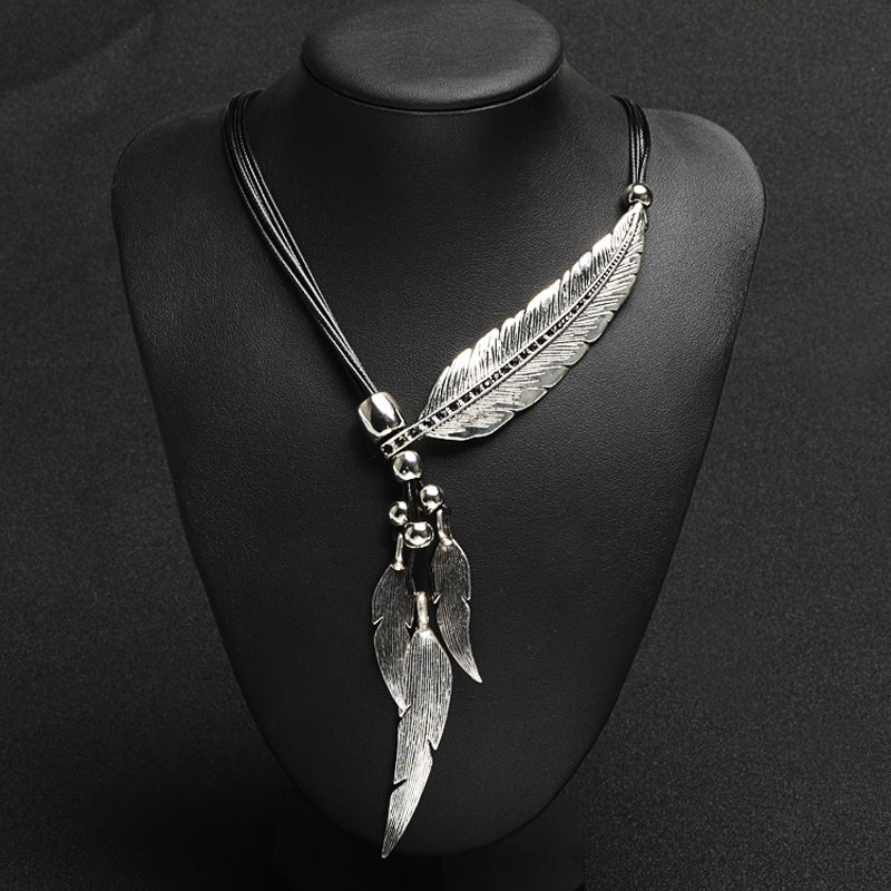 Women's Feather Leaves With Diamonds Black Leather Cord Multi-layer Tassel Necklace