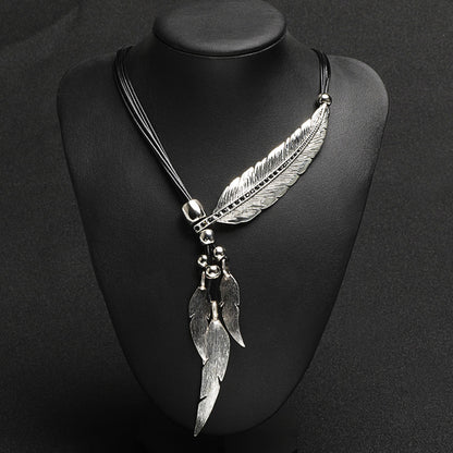 Women's Feather Leaves With Diamonds Black Leather Cord Multi-layer Tassel Necklace