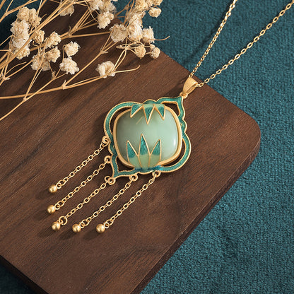 Chinese Style Enamel Painted Bamboo Leaf Square Pendant Necklace