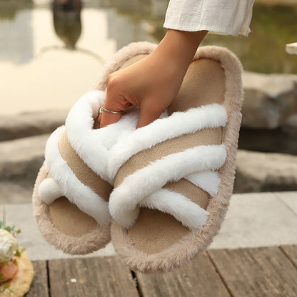 Fluffy Slippers Cross Strap Stitching Warm Casual Platform Slippers