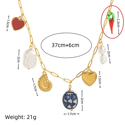 Stainless Steel Conch Ocean Style Heart-shaped Free Diy Pendant Clavicle Necklace