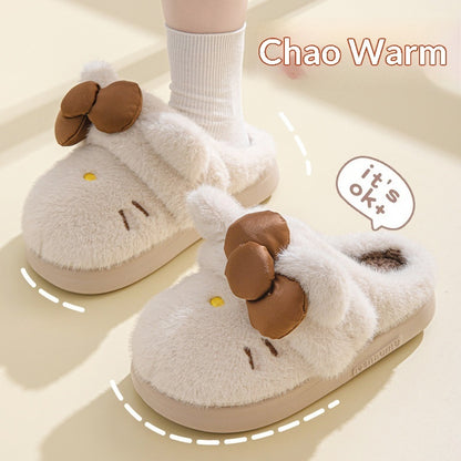 Instagram-Style Fluffy Cotton Slippers With A Cat And Bow Design For Cozy Warmth