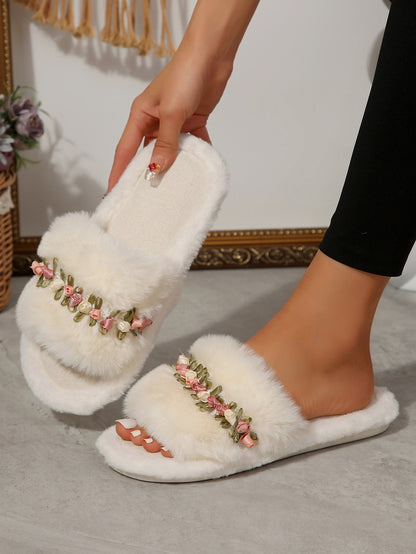 Flower Fluffy Slippers Female Soft Bottom Home Word Cotton Slippers