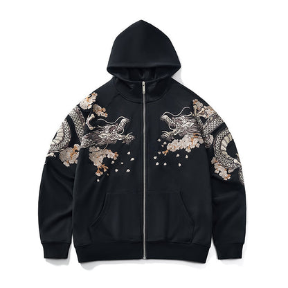 Dragon Embroidery Long Sleeve Hooded Zipper Sweatshirt Baggy Coat Loose