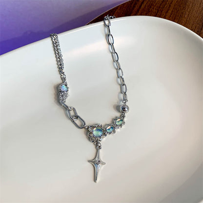 Cross Moonstone Necklace Women's Trendy Cool Collarbone Chain
