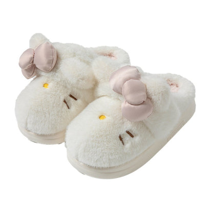 Instagram-Style Fluffy Cotton Slippers With A Cat And Bow Design For Cozy Warmth