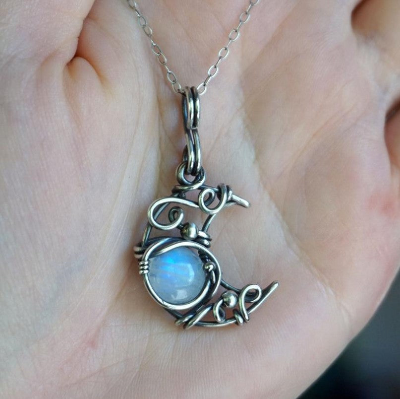 Simian Moonstone Necklace Wire Cutout Moon Pendant