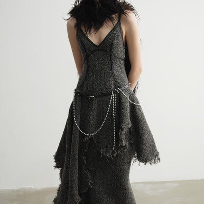 Hand-damaged Burrs Tassels Sling Irregular Dress