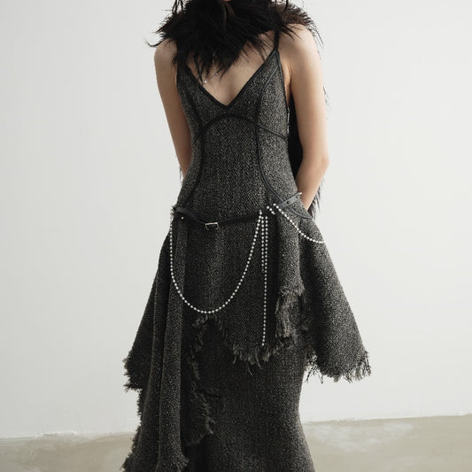Hand-damaged Burrs Tassels Sling Irregular Dress