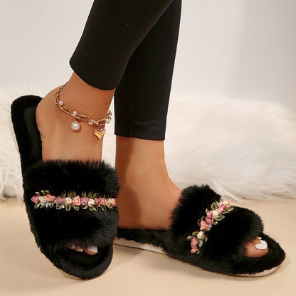 Flower Fluffy Slippers Female Soft Bottom Home Word Cotton Slippers