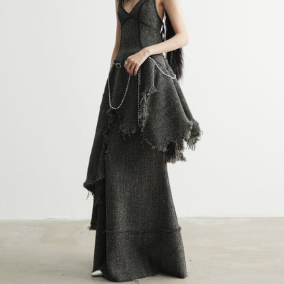 Hand-damaged Burrs Tassels Sling Irregular Dress