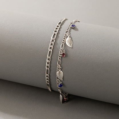 Simple And Fashionable Color Rhinestone Hit Color Tassel Leaf Pendant Anklet 2-piece Set