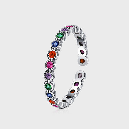 S925 Silver Colorful Zircon Ring Women's Retro Fashion Bright Color Contrast Flowers