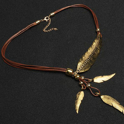 Women's Feather Leaves With Diamonds Black Leather Cord Multi-layer Tassel Necklace