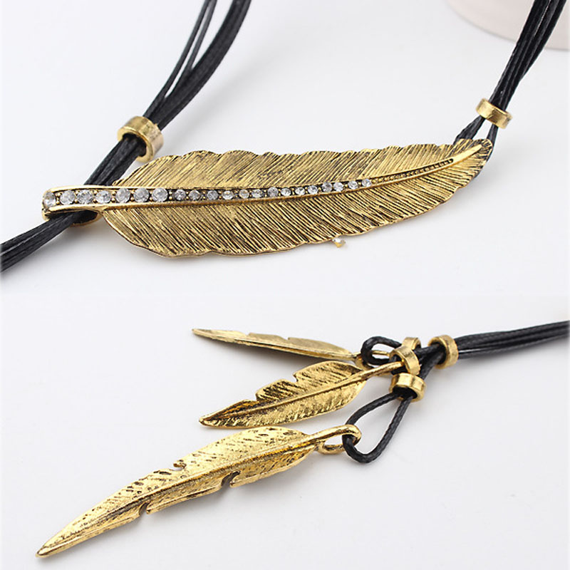 Women's Feather Leaves With Diamonds Black Leather Cord Multi-layer Tassel Necklace