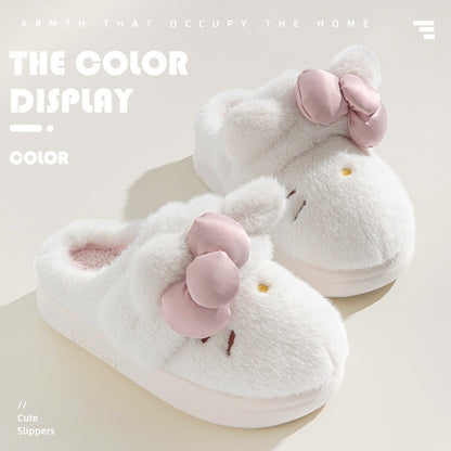 Instagram-Style Fluffy Cotton Slippers With A Cat And Bow Design For Cozy Warmth